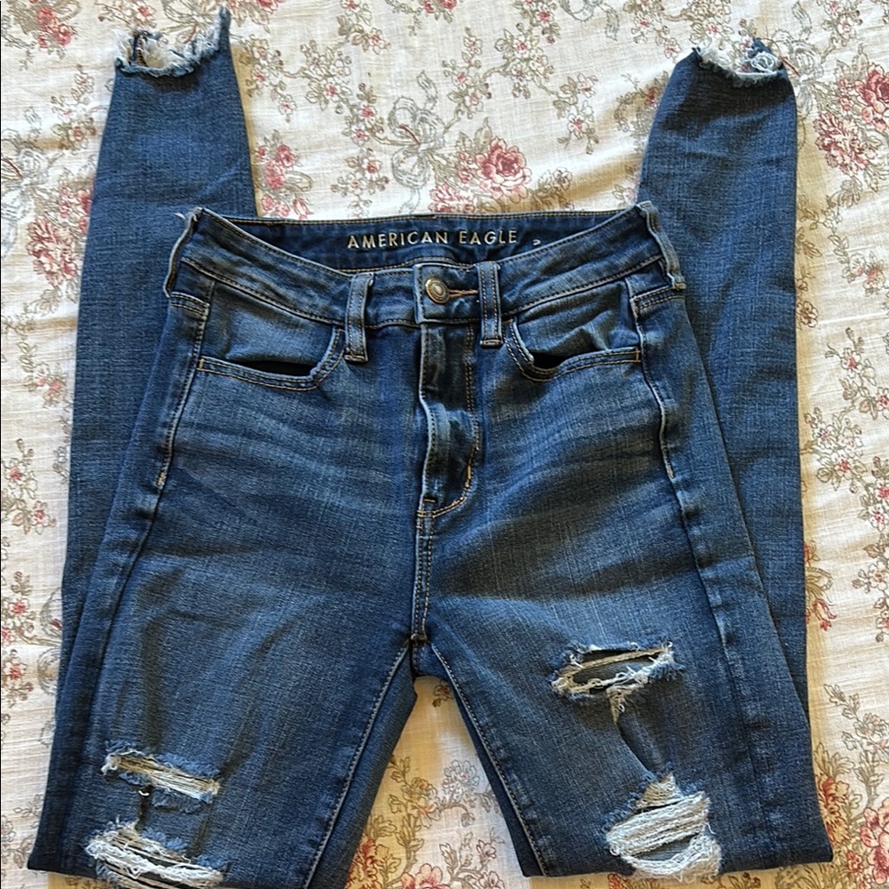 American Eagle Outfitters Blue Skinny Jeans with Distressed Details